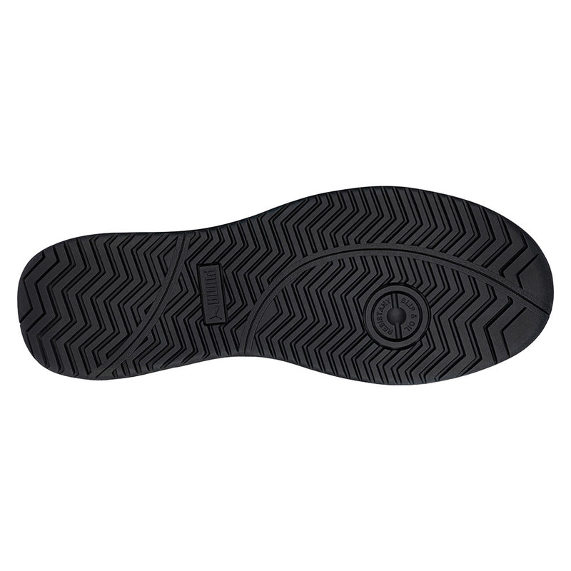 Load image into Gallery viewer, Puma Iconic Suede Safety Shoe, Black/White, features suede leather upper, lightweight fiberglass toe cap, and heat-resistant rubber outsole with herringbone pattern, embodying safety and style from Active Safety.