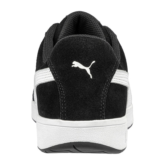 Puma Iconic Suede Safety Shoe, Black/White, features a vintage sneaker design with a suede leather upper, fibreglass toe cap, and durable slip-resistant rubber sole, blending style, safety, and comfort.