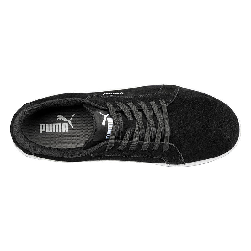 Load image into Gallery viewer, Puma Iconic Suede Safety Shoe, Black/White, featuring a suede leather upper with a lightweight fibreglass toe cap and slip-resistant rubber outsole, designed for style and protection in workplace settings.