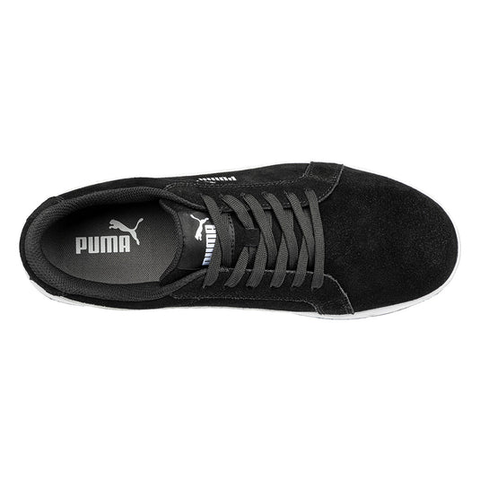 Puma Iconic Suede Safety Shoe, Black/White, featuring a suede leather upper with a lightweight fibreglass toe cap and slip-resistant rubber outsole, designed for style and protection in workplace settings.