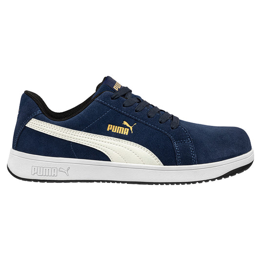 Puma Iconic Suede Safety Shoe, Blue/White, features a suede leather upper and herringbone-patterned rubber outsole, combining vintage sneaker style with advanced safety features like a lightweight fibreglass toe cap and anti-static protection.