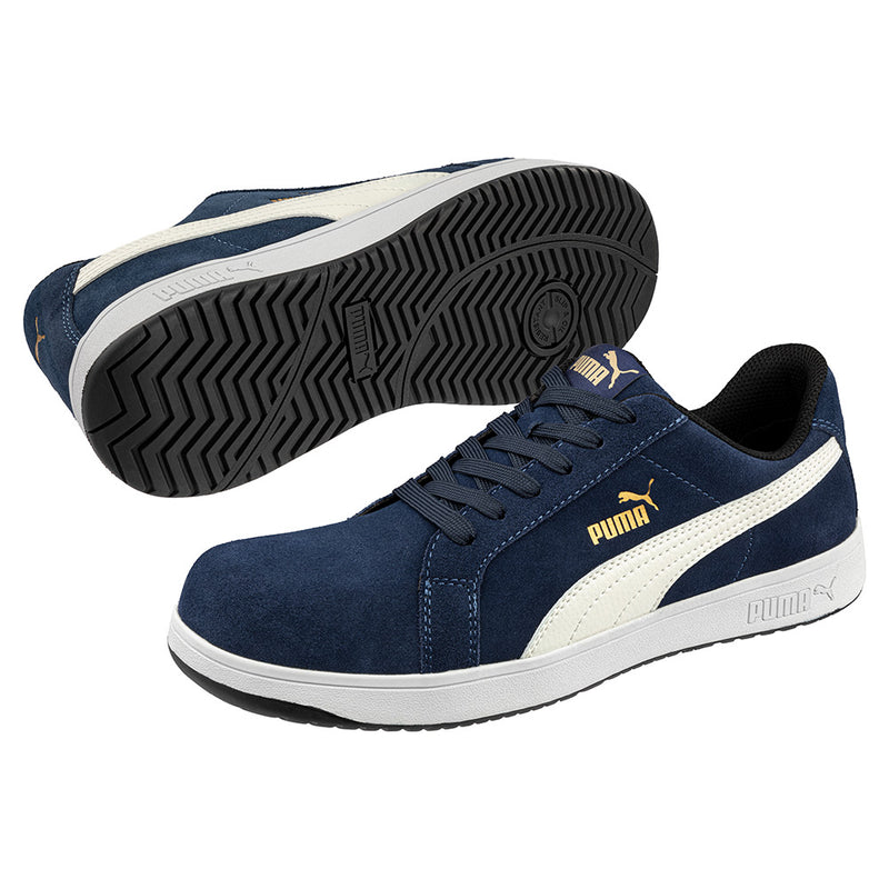 Load image into Gallery viewer, Puma Iconic Suede Safety Shoe, Blue/White features a suede leather upper and BreathActive lining, with a fibreglass toe cap and slip-resistant rubber sole, embodying style and safety innovation.