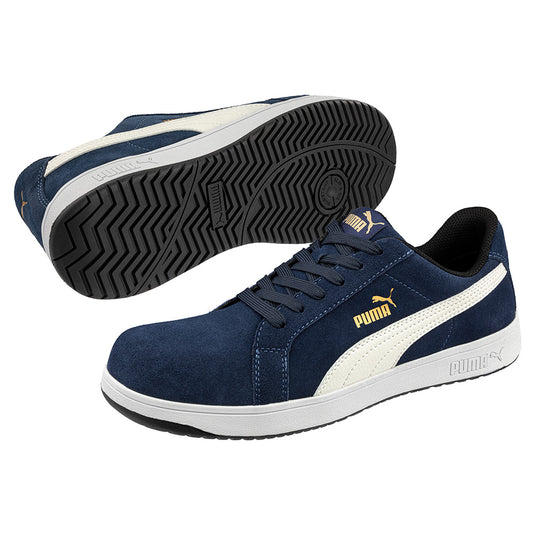 Puma Iconic Suede Safety Shoe, Blue/White features a suede leather upper and BreathActive lining, with a fibreglass toe cap and slip-resistant rubber sole, embodying style and safety innovation.