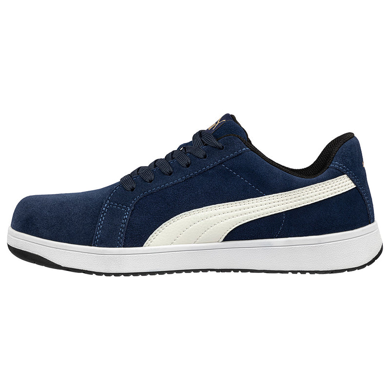 Load image into Gallery viewer, Puma Iconic Suede Safety Shoe, Blue/White, features a suede leather upper with a fiberglass toe cap and slip-resistant rubber sole, blending classic sneaker style with advanced safety technology.