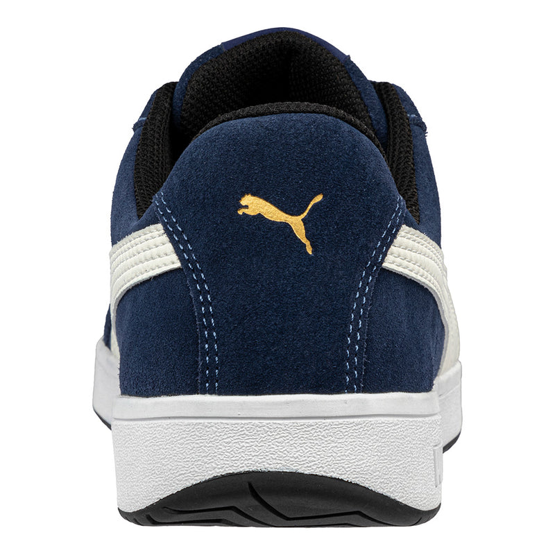 Load image into Gallery viewer, Puma Iconic Suede Safety Shoe, Blue/White, featuring a suede leather upper, lightweight fibreglass toe cap, and slip-resistant rubber sole, embodies the blend of style, comfort, and safety for workplace needs.