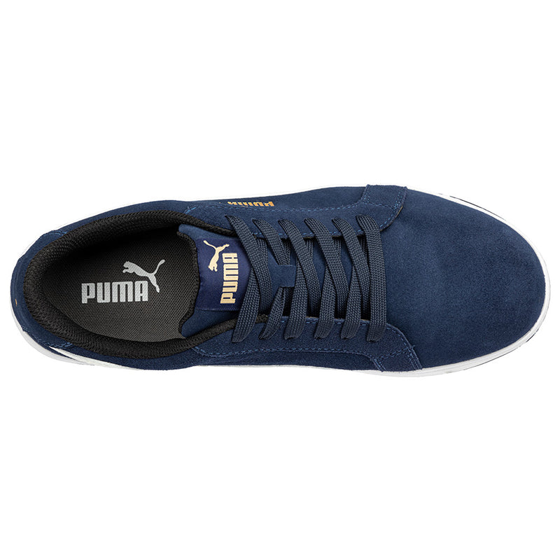 Load image into Gallery viewer, Puma Iconic Suede Safety Shoe, Blue/White, featuring a suede leather upper, fibreglass toe cap, and herringbone-patterned slip-resistant sole, blending vintage style with modern safety technology.