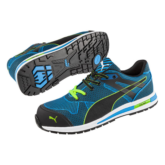 Puma Blaze Knit Safety Shoe, Blue, featuring a breathable knitted upper with TPU scuff cap protection, lightweight composite toe cap, and slip-resistant rubber outsole, ideal for workplace safety from Active Safety.