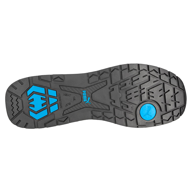 Load image into Gallery viewer, Puma Blaze Knit Safety Shoe, Blue features a breathable knitted upper with TPU scuff cap, composite toe cap, and idCell shock absorber, emphasizing comfort and durability for workplace safety.