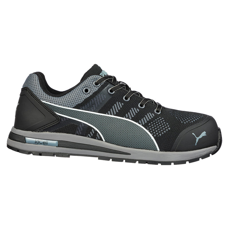 Load image into Gallery viewer, Puma Elevate Knit Safety Shoe, Black, features a breathable knitted upper with TPU inserts and a composite toe cap, offering lightweight protection and comfort for workplace safety. Ideal for active environments.