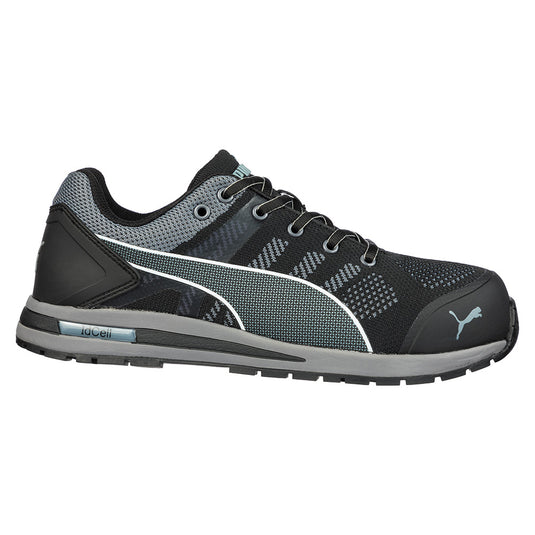 Puma Elevate Knit Safety Shoe, Black, features a breathable knitted upper with TPU inserts and a composite toe cap, offering lightweight protection and comfort for workplace safety. Ideal for active environments.