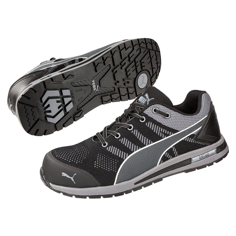 Load image into Gallery viewer, Puma Elevate Knit Safety Shoe, Black, featuring a breathable knitted upper with TPU scuff cap protection, lightweight composite toe cap, and slip-resistant rubber outsole, designed for maximum comfort and durability in safety environments.
