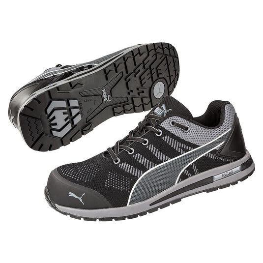 Puma Elevate Knit Safety Shoe, Black, featuring a breathable knitted upper with TPU scuff cap protection, lightweight composite toe cap, and slip-resistant rubber outsole, designed for maximum comfort and durability in safety environments.