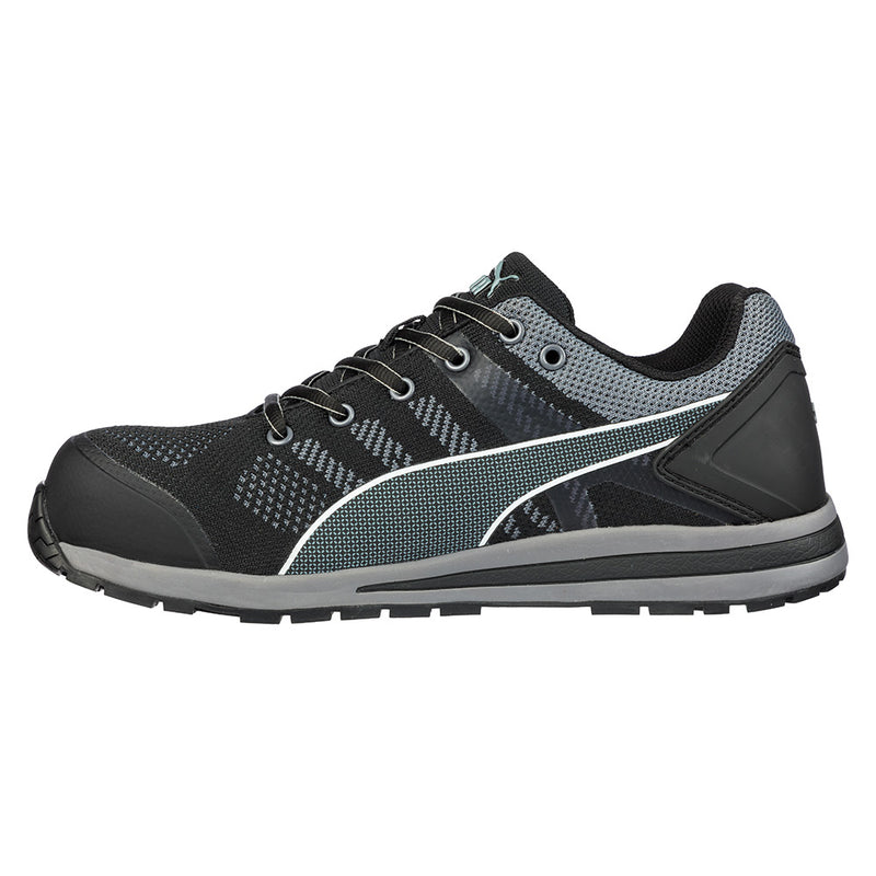 Load image into Gallery viewer, Puma Elevate Knit Safety Shoe in black, featuring a breathable knitted upper with TPU inserts, composite toe cap, and slip-resistant rubber outsole, designed for lightweight comfort and protection in safety-focused environments.