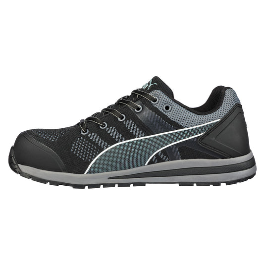 Puma Elevate Knit Safety Shoe in black, featuring a breathable knitted upper with TPU inserts, composite toe cap, and slip-resistant rubber outsole, designed for lightweight comfort and protection in safety-focused environments.