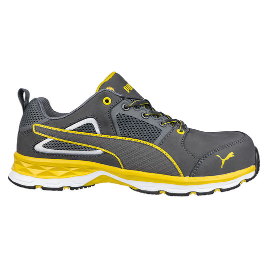 Puma Pace 2.0 Safety Shoe, Grey/Yellow, featuring a lightweight fibreglass toe cap, breathable microfibre upper, and anti-fatigue cushioning with a slip-resistant sole, ideal for workplace safety.