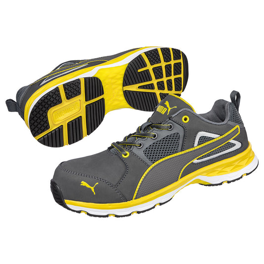 Puma Pace 2.0 Safety Shoe in Grey/Yellow features a fibreglass toe cap and breathable mesh upper, ideal for workplace safety with advanced cushioning and anti-perforation technology.