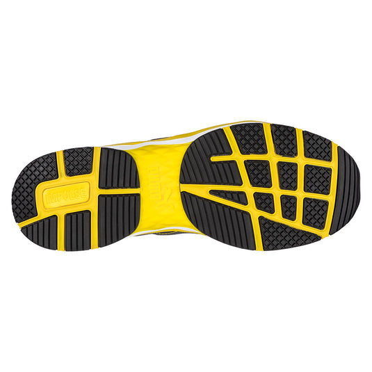 Puma Pace 2.0 Safety Shoe, Grey/Yellow, featuring a lightweight fibreglass toe cap and breathable mesh upper, designed for comfort with IMPULSE.FOAM technology and anti-perforation midsole, ideal for workplace safety.