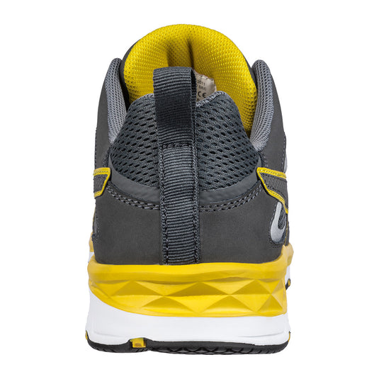 Puma Pace 2.0 Safety Shoe, Grey/Yellow, showcases a sleek design with a breathable microfibre upper, reinforced fibreglass toe cap, and rugged slip-resistant outsole, ideal for workplace safety.