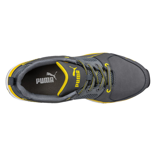 Puma Pace 2.0 Safety Shoe, Grey/Yellow, showcasing a sleek design with a breathable mesh upper, lightweight fibreglass toe cap, and anti-slip rubber sole, embodying Active Safety's commitment to high-performance protective footwear.