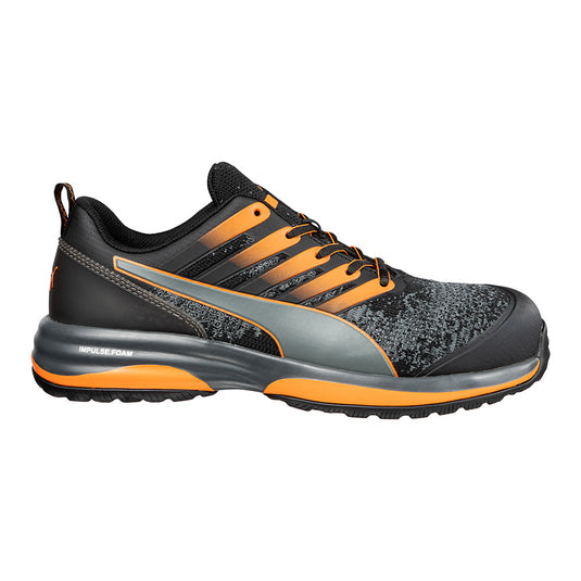 Puma Charge Cloud Safety Shoe, Black/Orange, featuring a breathable knit upper, TPU eyelet, and lightweight fibreglass toe cap, designed for safety with anti-static, vegan, and metal-free properties. Ideal for workplace comfort.