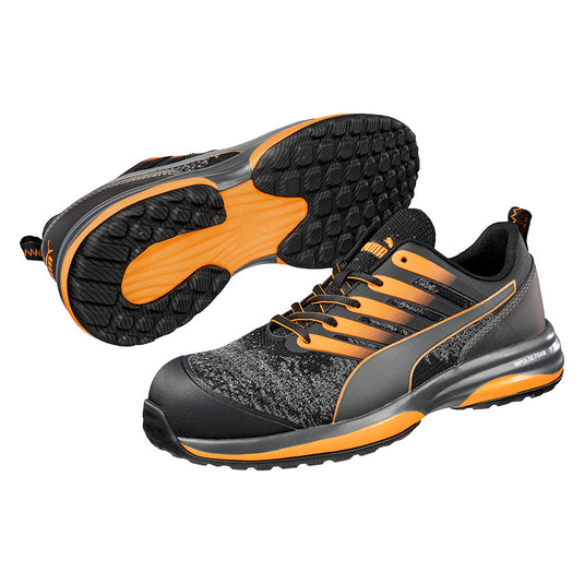 Puma Charge Cloud Safety Shoe, Black/Orange, featuring a breathable knit upper with TPU eyelet, lightweight fibreglass toe cap, and a heat-resistant, slip-resistant rubber sole with unique waffle pattern.
