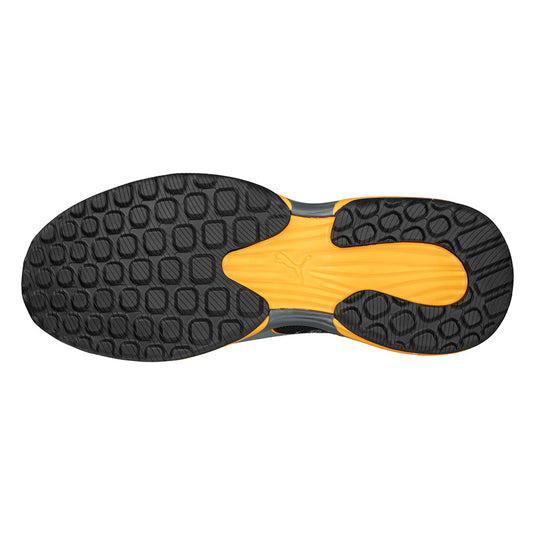 Puma Charge Cloud Safety Shoe, Black/Orange, featuring a breathable knit upper and lightweight fiberglass toe cap, showcases advanced IMPULSE.FOAM cushioning and slip-resistant rubber sole, ideal for safety-conscious environments.