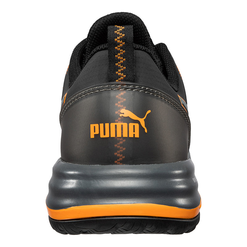 Load image into Gallery viewer, Puma Charge Cloud Safety Shoe, Black/Orange, featuring a breathable knit upper, lightweight fibreglass toe cap, and anti-static properties, designed for comfort and protection with IMPULSE.FOAM cushioning and slip-resistant sole.