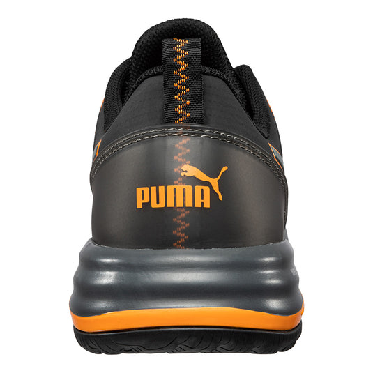 Puma Charge Cloud Safety Shoe, Black/Orange, featuring a breathable knit upper, lightweight fibreglass toe cap, and anti-static properties, designed for comfort and protection with IMPULSE.FOAM cushioning and slip-resistant sole.