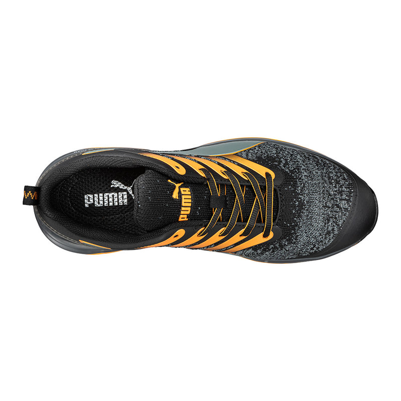 Load image into Gallery viewer, Puma Charge Cloud Safety Shoe, Black/Orange, features a sleek design with a breathable knit upper, lightweight fiberglass toe cap, and a durable waffle-patterned sole for slip resistance and torsion control.