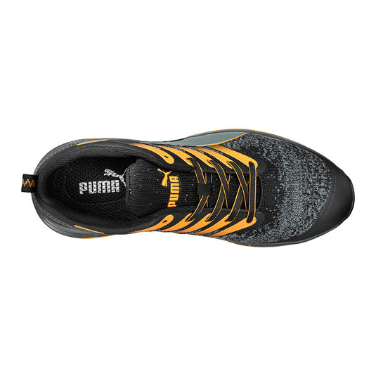 Puma Charge Cloud Safety Shoe, Black/Orange, features a sleek design with a breathable knit upper, lightweight fiberglass toe cap, and a durable waffle-patterned sole for slip resistance and torsion control.
