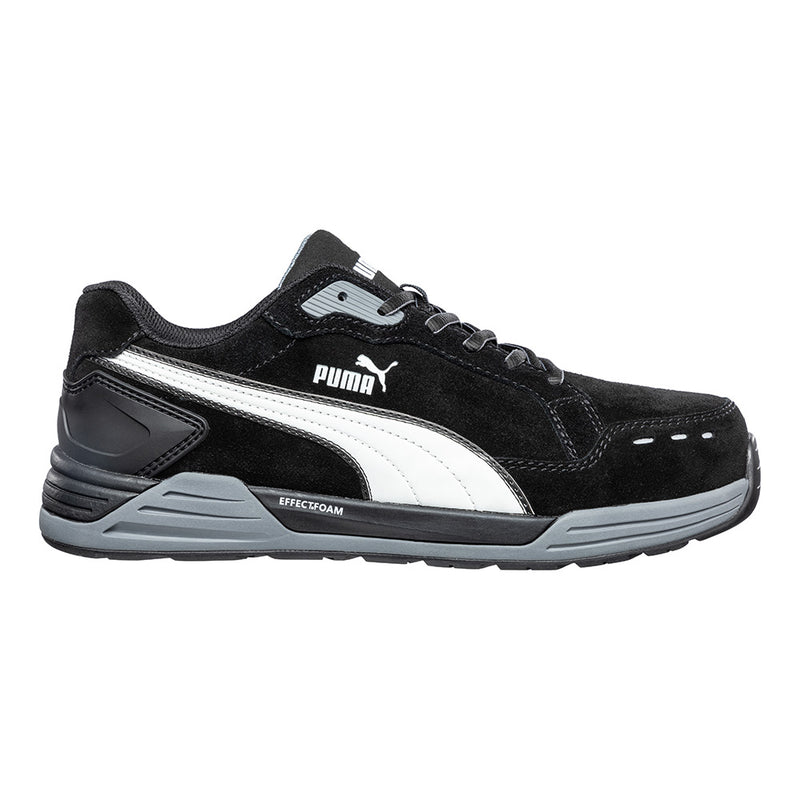Load image into Gallery viewer, Puma Airtwist Safety Shoe, Black/White, featuring a water-repellent suede leather upper, lightweight fibreglass toe cap, and triple density sole with EFFECT.FOAM for enhanced cushioning and energy return.
