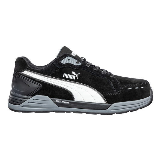 Puma Airtwist Safety Shoe, Black/White, featuring a water-repellent suede leather upper, lightweight fibreglass toe cap, and triple density sole with EFFECT.FOAM for enhanced cushioning and energy return.