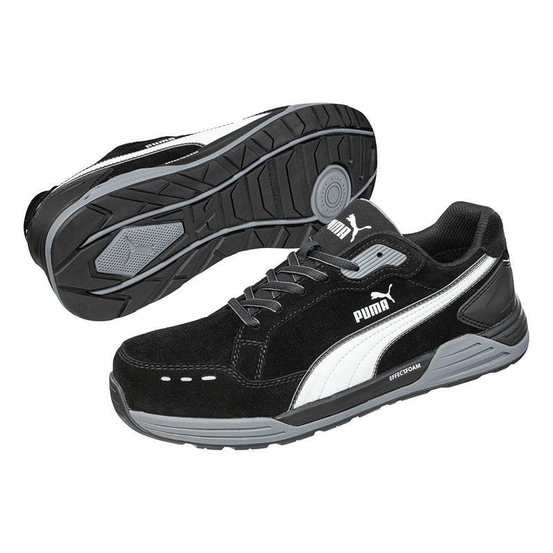 Load image into Gallery viewer, Puma Airtwist Safety Shoe, Black/White, showcasing a metal-free design with a water-repellent suede leather upper, lightweight fibreglass toe cap, and a heat-resistant rubber outsole for enhanced protection and comfort.