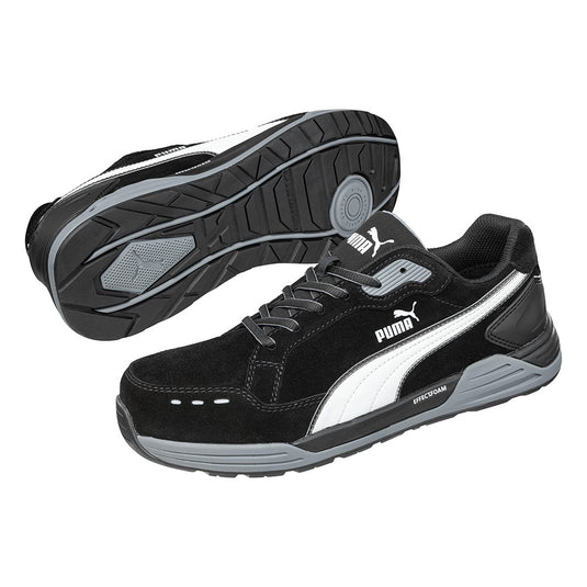 Puma Airtwist Safety Shoe, Black/White, showcasing a metal-free design with a water-repellent suede leather upper, lightweight fibreglass toe cap, and a heat-resistant rubber outsole for enhanced protection and comfort.