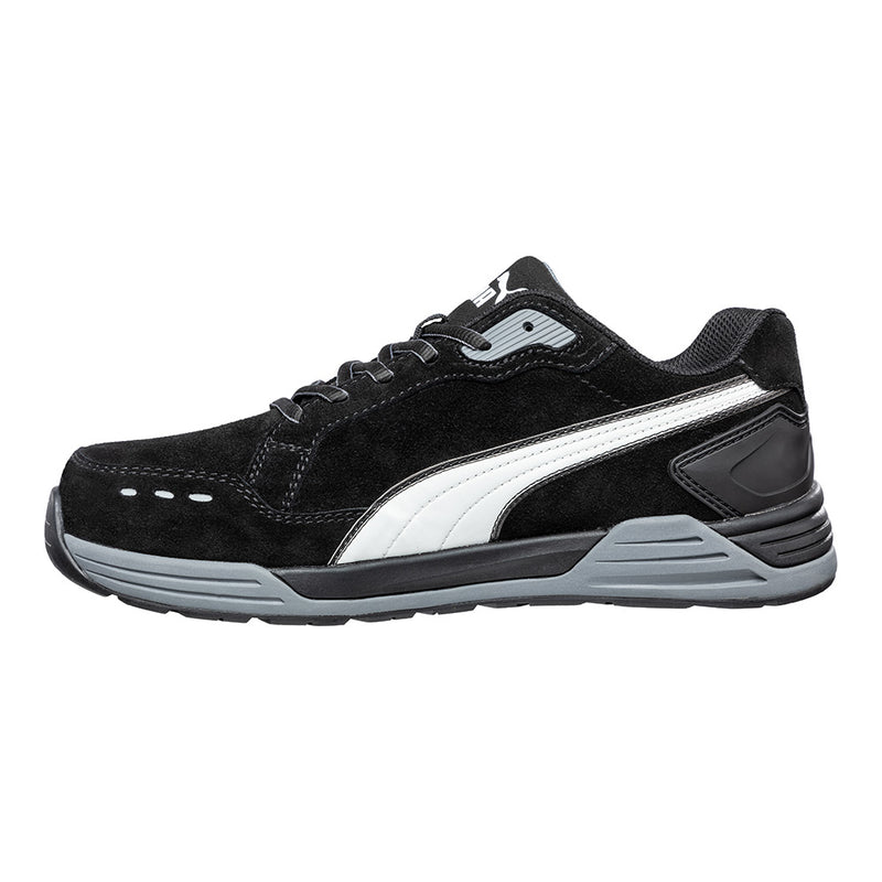 Load image into Gallery viewer, Puma Airtwist Safety Shoe, Black/White, showcases a sleek design with a water-repellent suede leather upper, lightweight fibreglass toe cap, and a durable 300°C heat-resistant rubber outsole, ideal for safety-focused environments.