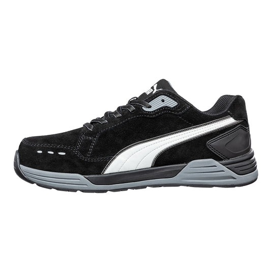 Puma Airtwist Safety Shoe, Black/White, showcases a sleek design with a water-repellent suede leather upper, lightweight fibreglass toe cap, and a durable 300°C heat-resistant rubber outsole, ideal for safety-focused environments.