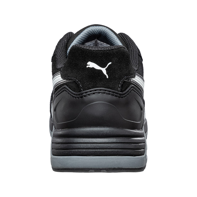 Load image into Gallery viewer, The Puma Airtwist Safety Shoe, Black/White, showcases a sleek suede leather upper with reflective elements, breathable lining, and a durable, heat-resistant sole, ideal for safety and comfort in demanding workplaces.