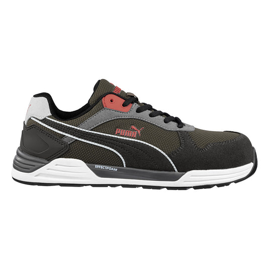 Puma Frontside Safety Shoe, Ivy, features a lightweight design with fibreglass toe cap and TPU ankle support, showcasing a breathable mesh upper and durable sole for optimal energy return and impact protection.