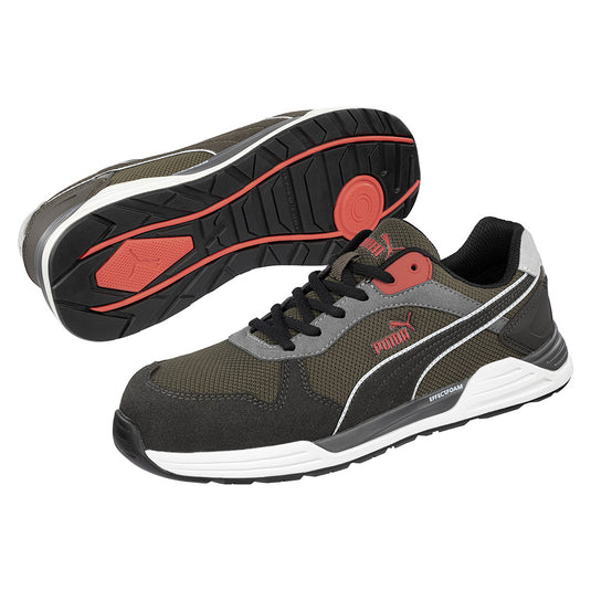 Puma Frontside Safety Shoe, Ivy, featuring a protective lightweight fibreglass toe cap, TPU ankle support, and a durable Urban Effect Triple Density sole, designed for enhanced cushioning and energy return.