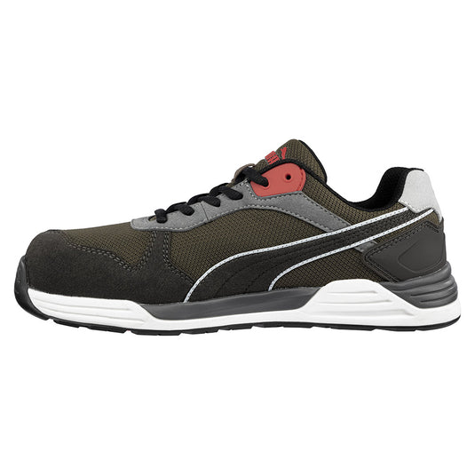 Puma Frontside Safety Shoe, Ivy, featuring a lightweight fibreglass toe cap and TPU ankle support, showcases a breathable mesh upper with microfibre, designed for optimal comfort and safety in workplace environments.