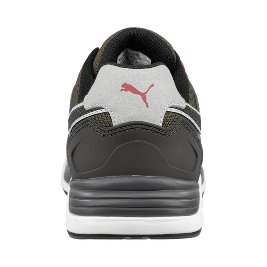 Puma Frontside Safety Shoe, Ivy with a fibreglass toe cap, TPU ankle support, and Urban Effect Triple Density sole, designed for superior cushioning and energy return, ideal for workplace safety.