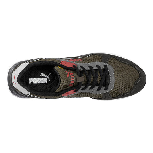 Puma Frontside Safety Shoe, Ivy, showcasing a robust fibreglass toe cap, TPU ankle support, and Urban Effect Triple Density sole for cushioning and energy return; ideal for workplace safety.