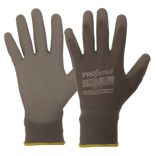 ProLite PU Nylon Liner Gloves featuring a polyurethane-dipped palm for protection and dexterity, with a breathable knitted nylon liner. Ideal for handling small parts and tools in safety-focused workplaces.
