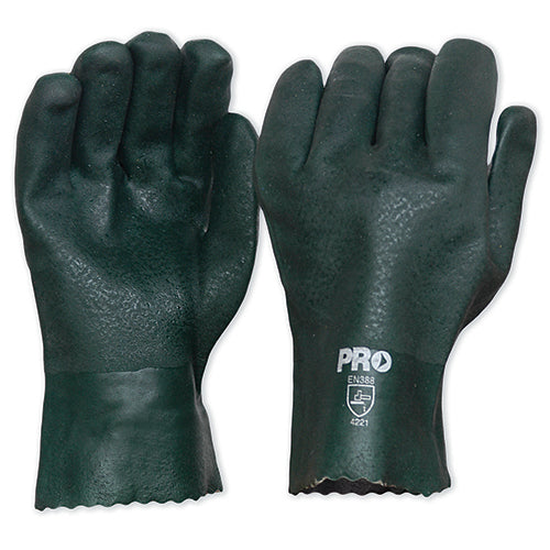 Pro Green PVC Double Dipped Gloves 27cm, featuring a robust design for hand and wrist protection. Ideal for various industries, these gloves are showcased in a detailed close-up, highlighting their safety-focused construction.