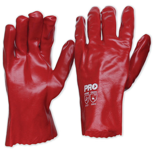 Pro Red PVC Single Dipped Gloves 27cm, designed for industrial safety, showcasing robust protection for hands and forearms, suitable for sectors like automotive and chemical processing, available at Active Safety.