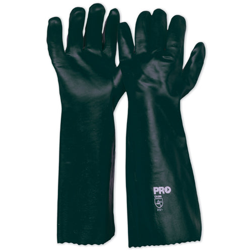 Pro Green PVC Double Dipped Gloves 45cm, featuring durable construction for hand, wrist, and forearm protection, ideal for industrial use in sectors like automotive, chemical processing, and manufacturing.