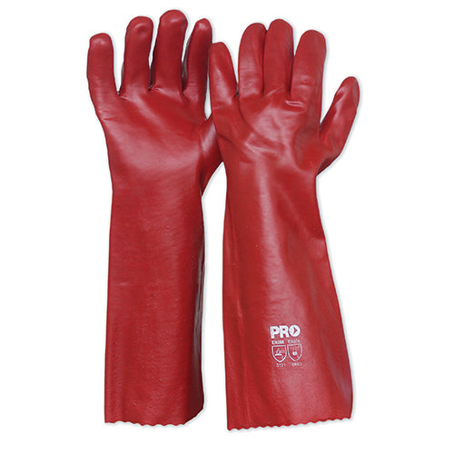 Pro Red PVC Single Dipped Gloves 45cm, featuring a durable design for hand, wrist, and forearm protection. Ideal for various industries, aligning with Active Safety's commitment to quality PPE gear.