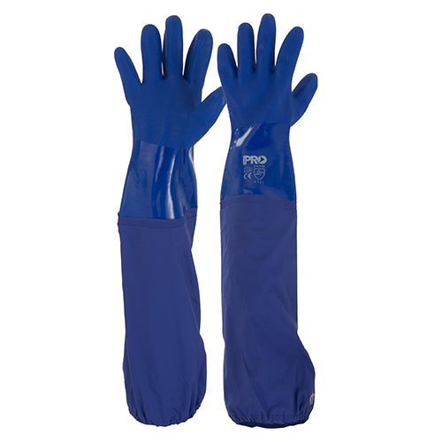 Pro Blue PVC Slurry Glove 60cm, designed for safety, features durable rubber material with interlock lining for easy wear. Ideal for handling oil and grease, enhancing workplace safety in diverse environments.