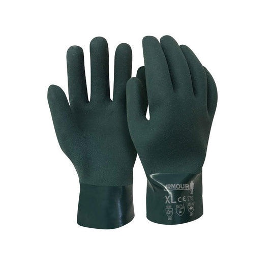 Armour Green PVC Double Dipped Chemical Glove: 27cm, shown in a detailed close-up, highlighting its robust construction and brushed cotton liner for comfort, suitable for high-level chemical protection in safety environments.