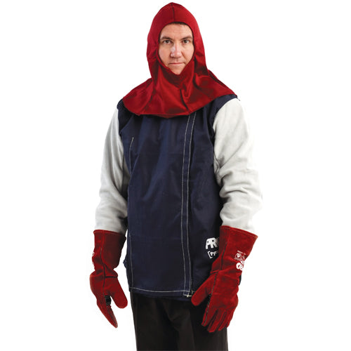 Load image into Gallery viewer, Pro Pyromate Welding Hood: Man wearing a maroon fire-retardant hood with draw-string face closure, demonstrating protective outerwear designed for enhanced safety and comfort during welding activities.